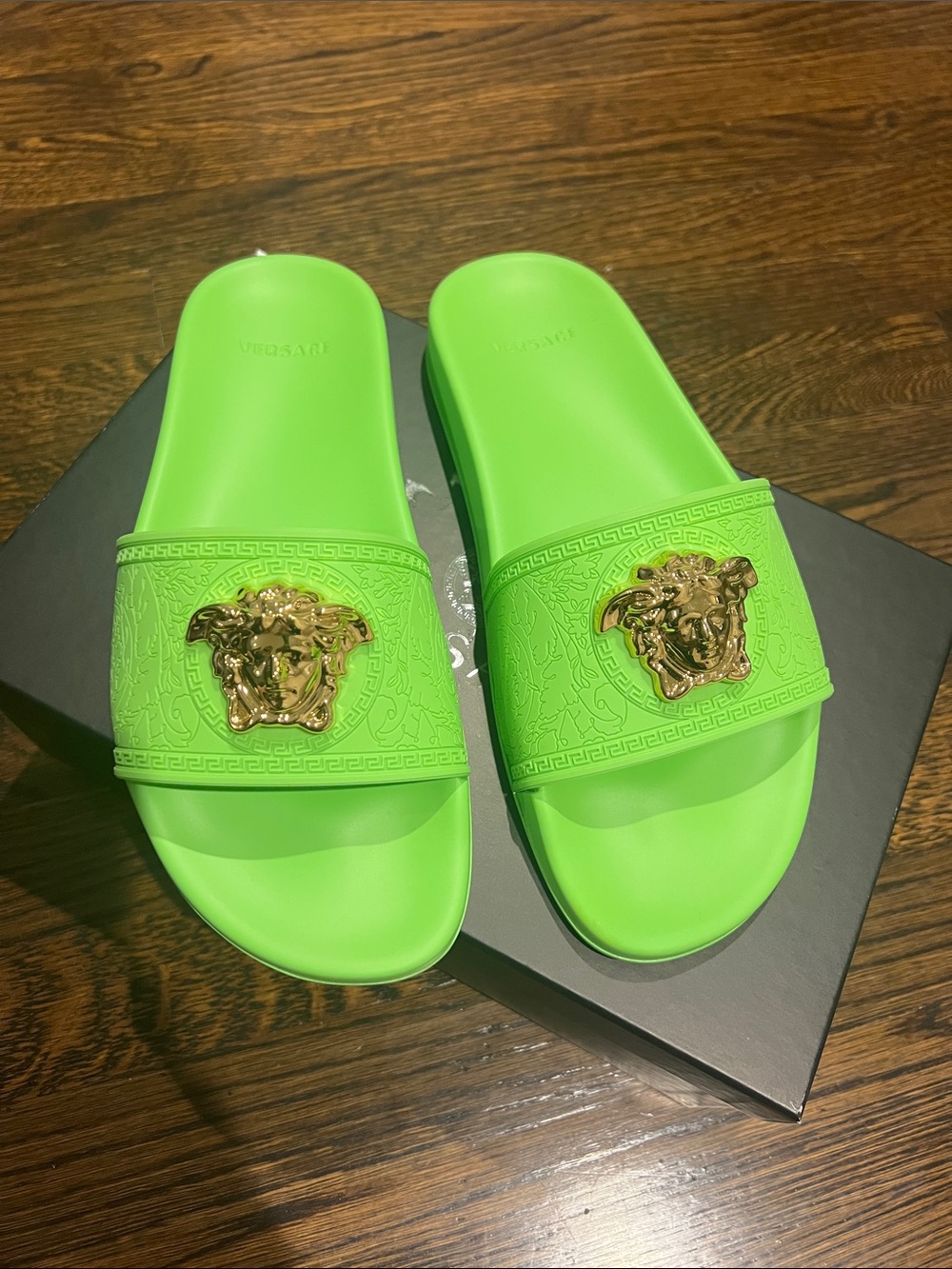 Versace Neon Lime Green Medusa Slide Sandals